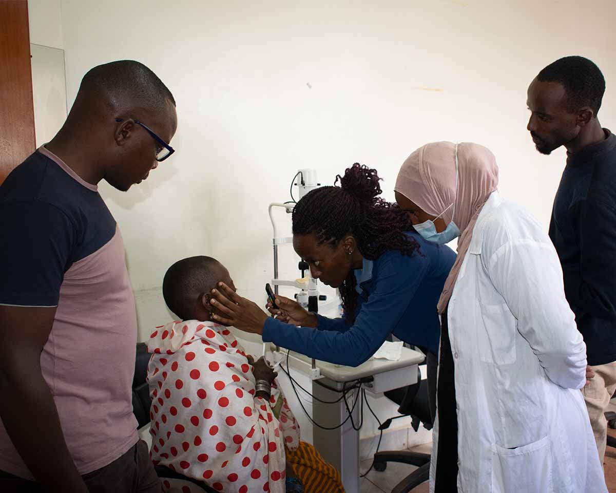 A patient having their eyes checked in a five-day free eye clinic in Kenya